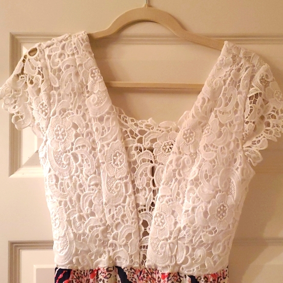 Lace top peekaboo Soieblu funky pants pattern jumpsuit worn 1x - Picture 2 of 5